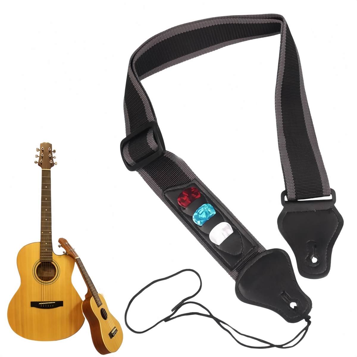 Musical Instrument Bag - สายสะพายกีตาร์หนัง PU มิวาเยอร์,สายสะพายไหล่ปรับได้พร้อมที่เก็บปิ๊กกีตาร์ 3 ชิ้นสำหรับเบสไฟฟ้าและอะคูสติก