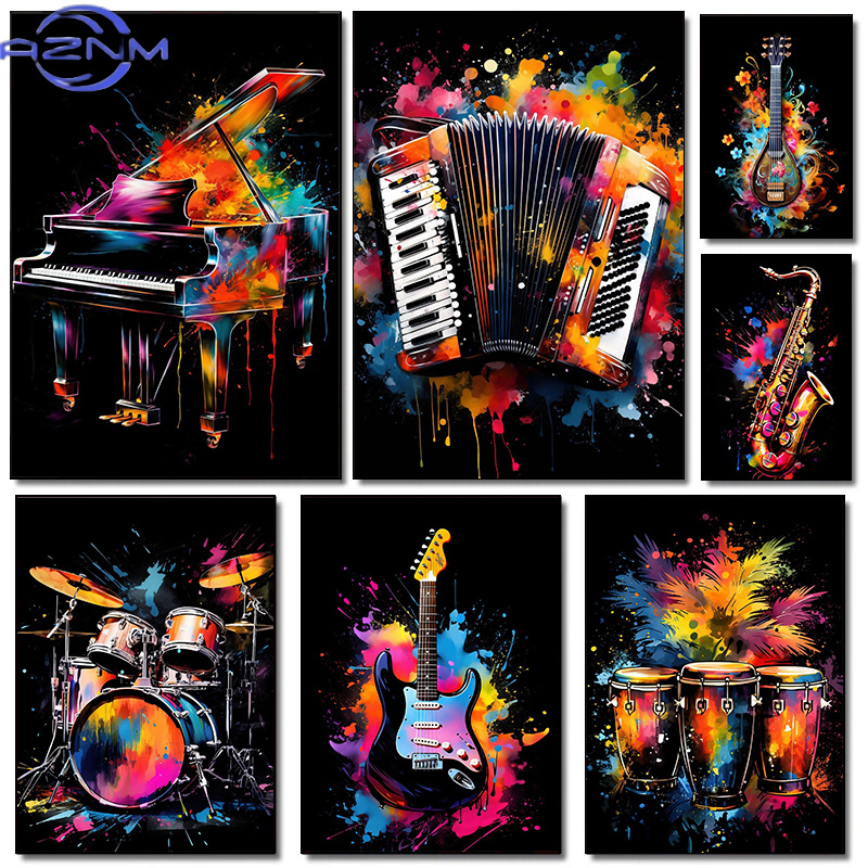 Musical Instrument Guitar - คลาสสิกแฟชั่นเครื่องดนตรีเปียโนกีตาร์เทศกาลดนตรีโปสเตอร์ภาพวาดผ้าใบศิลปะบนกำแพงภาพสตูดิโอดนตรีตกแต่งบ้าน