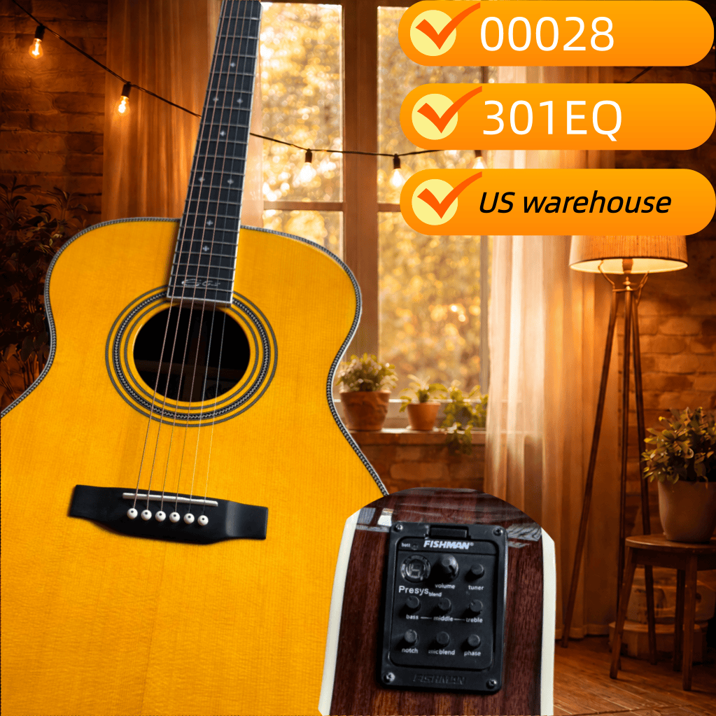 Musical Instrument Warehouse - จัดส่งจากคลังสินค้าในสหรัฐอเมริกา กีตาร์โฟล์คโปร่งเสียงวินเทจสีเหลือง รุ่น 000‑28, พร้อมปิ๊กอัพ EQ